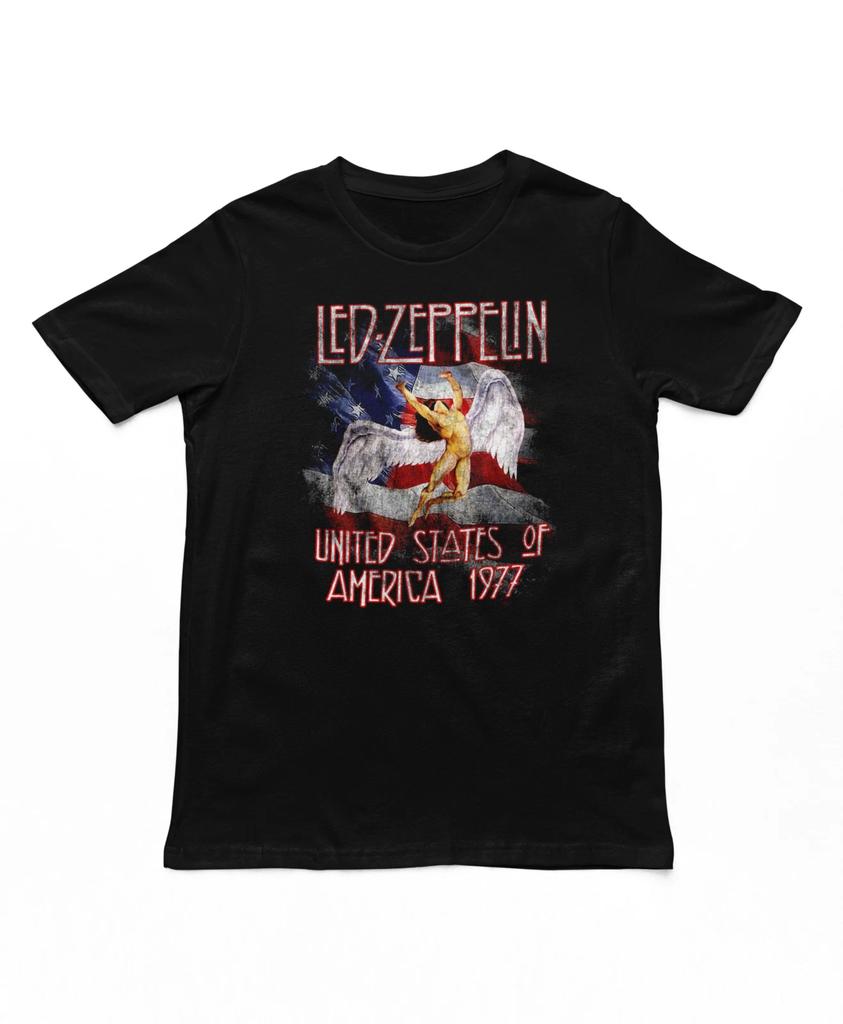 Led Zeppelin USA 77 With Flag T Shirt Mens Rock and Roll Music Band Tee Black