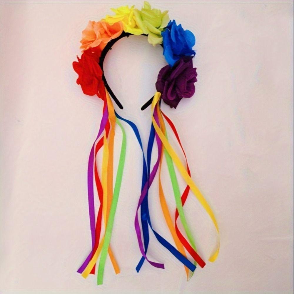Artificial Flowers Rainbow Flower Crown Headband Cute Festive Party Hair Accessory Women Girls