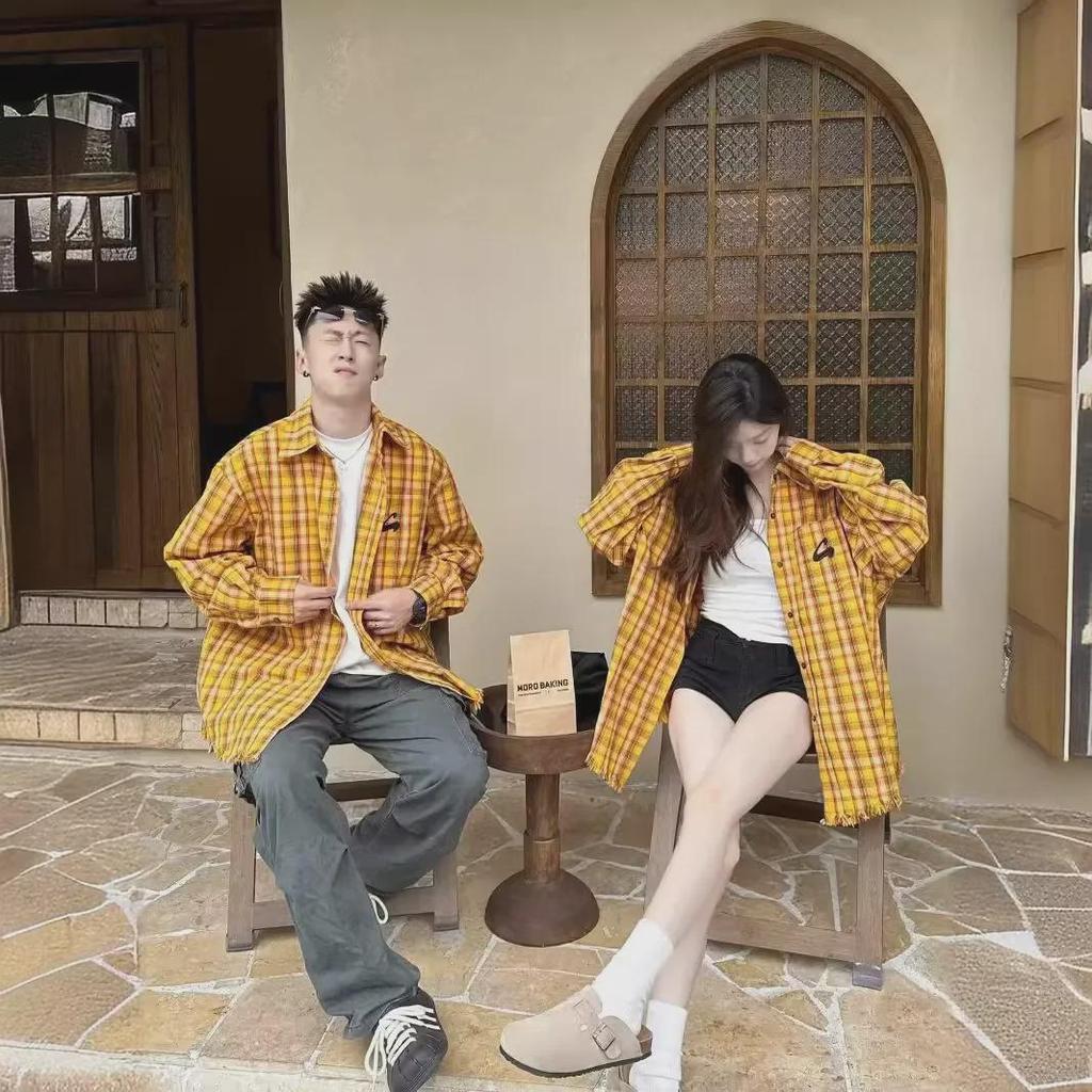 2024 Унисекс Американская ретро желтая клетчатая рубашка куртка: Уникальный весенне-летний топ для пар