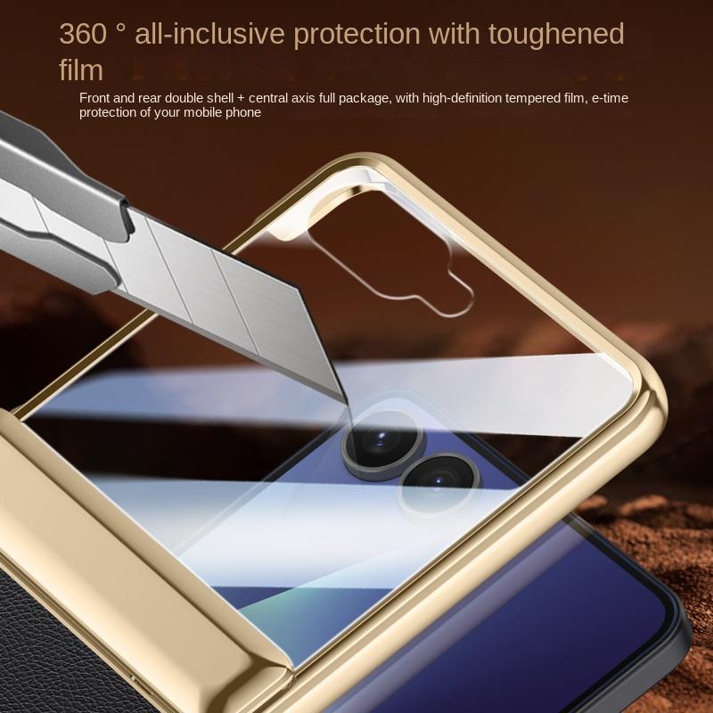 Для Samsung Galaxy Z Flip 7 Кожаный 360° Поворотный Держатель Магнитное Закаленное Стекло Передняя Пленка Противоударный Отпечатки Пальцев Чехол для Телефона