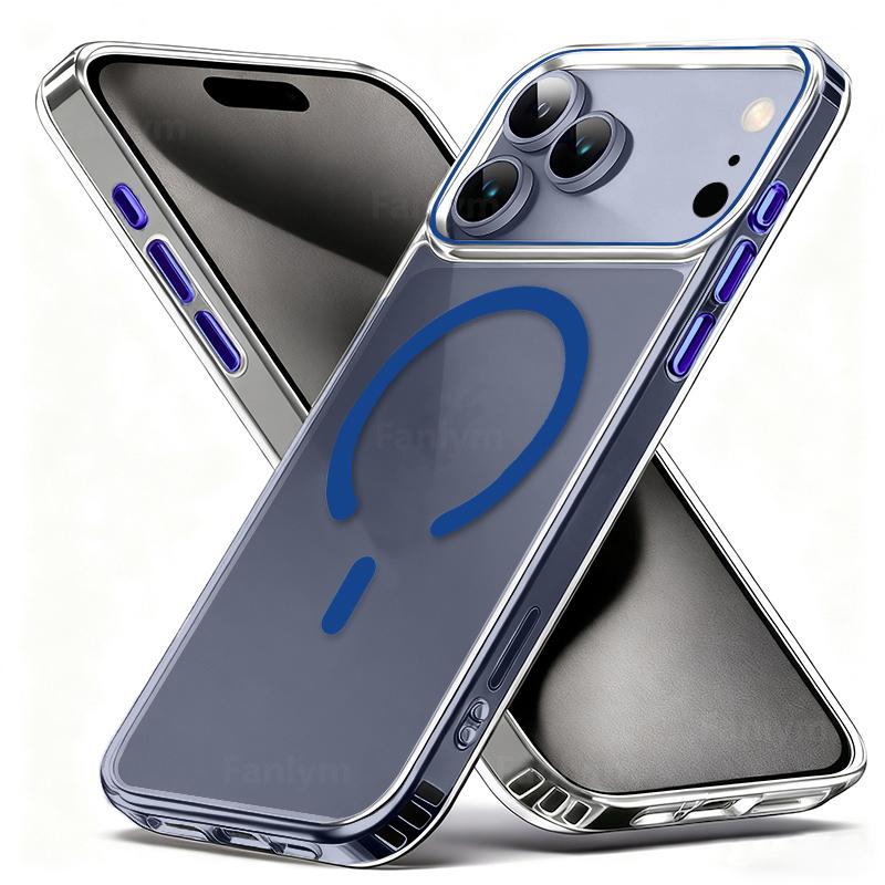 Прозрачный чехол для телефона для iPhone 17 16 15 14 13 Pro Max Plus 17 Air 16e Прозрачный для Magsafe Магнитный Беспроводной Металлический Чехол для Кнопок