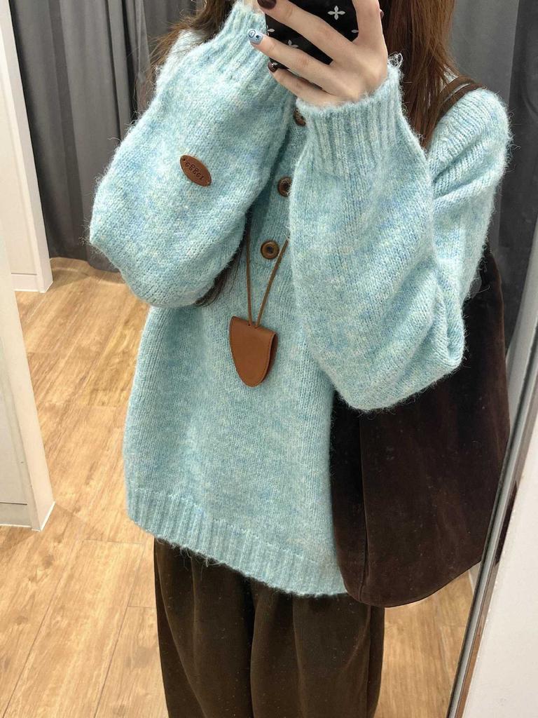 Yellow age-reducing button Henry neck knitted sweater women's autumn and winter plush soft waxy loose backing top