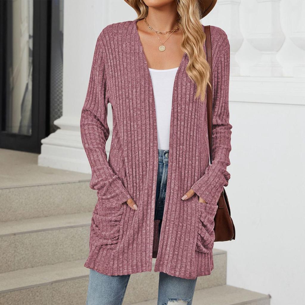 Женская модная повседневная однотонная куртка-кардиган с карманами и длинными рукавами