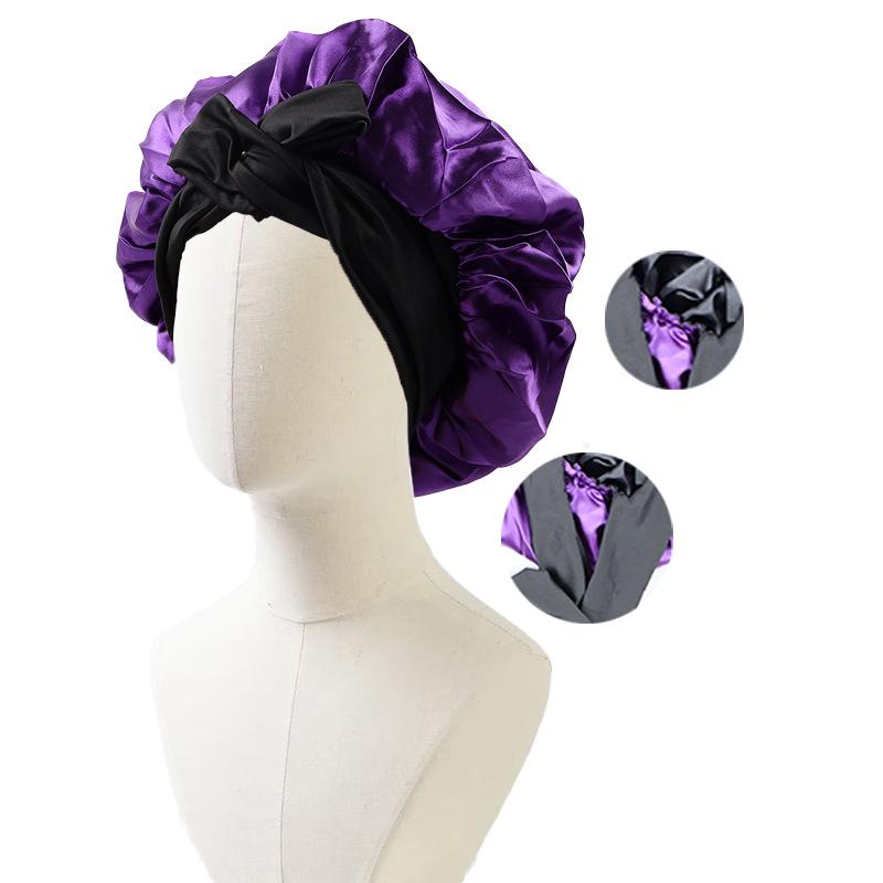 Satin Nightcap with Ribbon Bowknot, Double-Sided Silk Hair Cap, Leopard Print