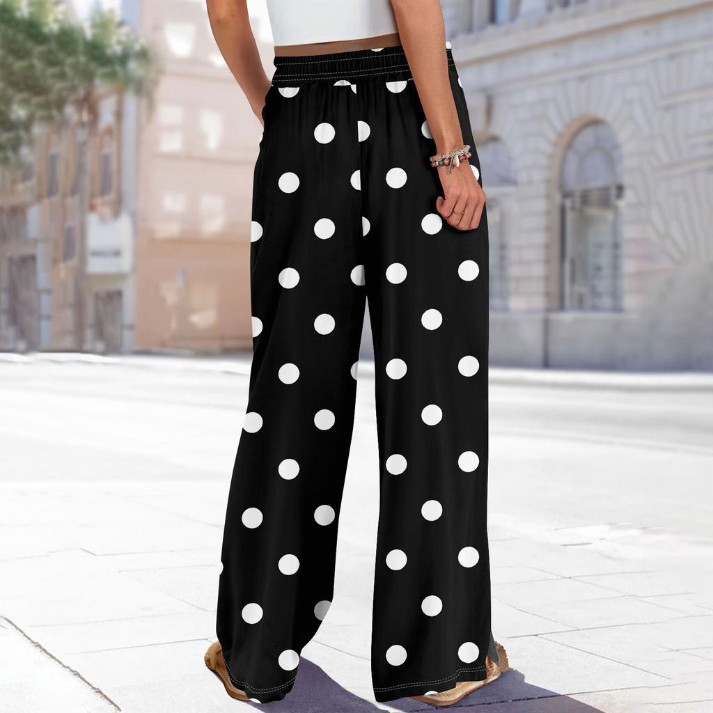Women Summer Boho Palazzo Pants High Waist Wide Leg Rinting Casual Trousers With Pockets