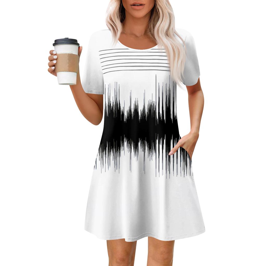 Женские летние повседневные платья с круглым вырезом, плиссированные, с карманами, с принтом, с коротким рукавом