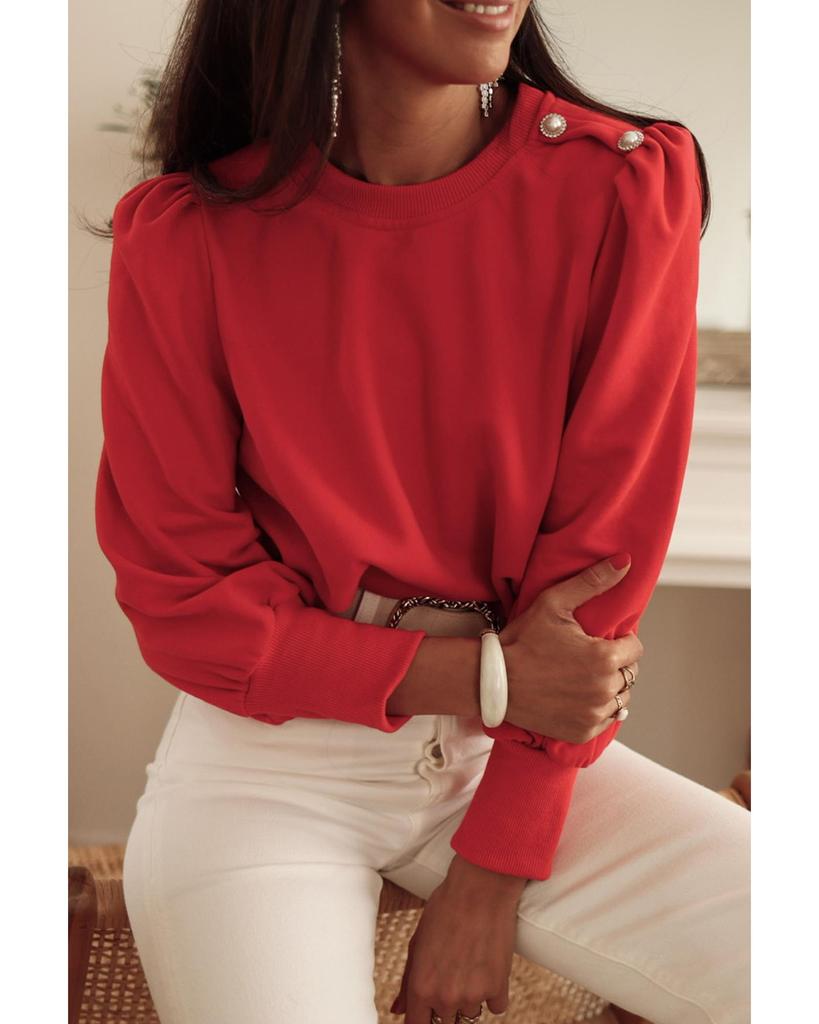 Azura Exchange Red Button Tab Detail Long Sleeve Top