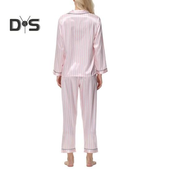 Женский комплект пижамы из 2 предметов из шелкового атласа, топ с пуговицами на лацканах и брюки, свободная рубашка в полоску и брюки с эластичным поясом, одежда для отдыха