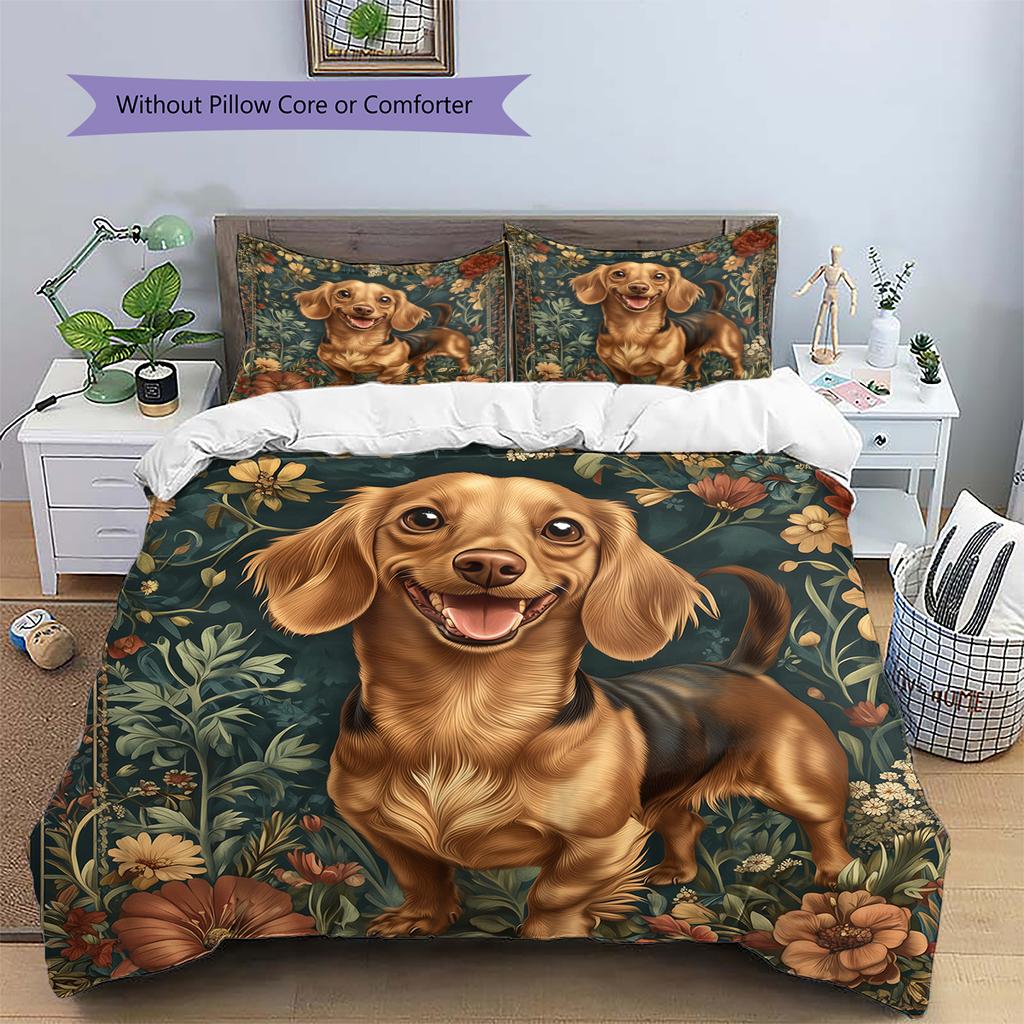 Happy Dachshund Pattern Bedding Home Decoration Birthday Gift (1 * duvet cover + 2 * pillowcase, without core)