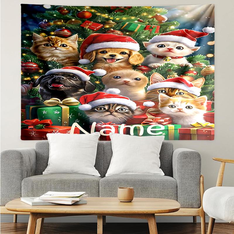 Custom Name Christmas Dog Print Tapestry, Backdrop, Easy Setup, Ideal for Bedroom, Office & Living Room, with Aesthetic Wall Hanging Decor.