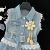 Girls Sleeveless Denim Dress Summer Fashionable Lace Trim Toddler Vest Dress Kids Casual Outfit