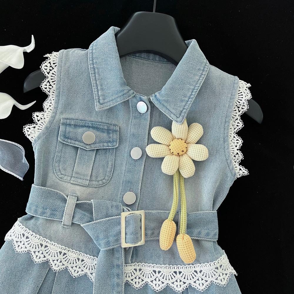 Girls Sleeveless Denim Dress Summer Fashionable Lace Trim Toddler Vest Dress Kids Casual Outfit