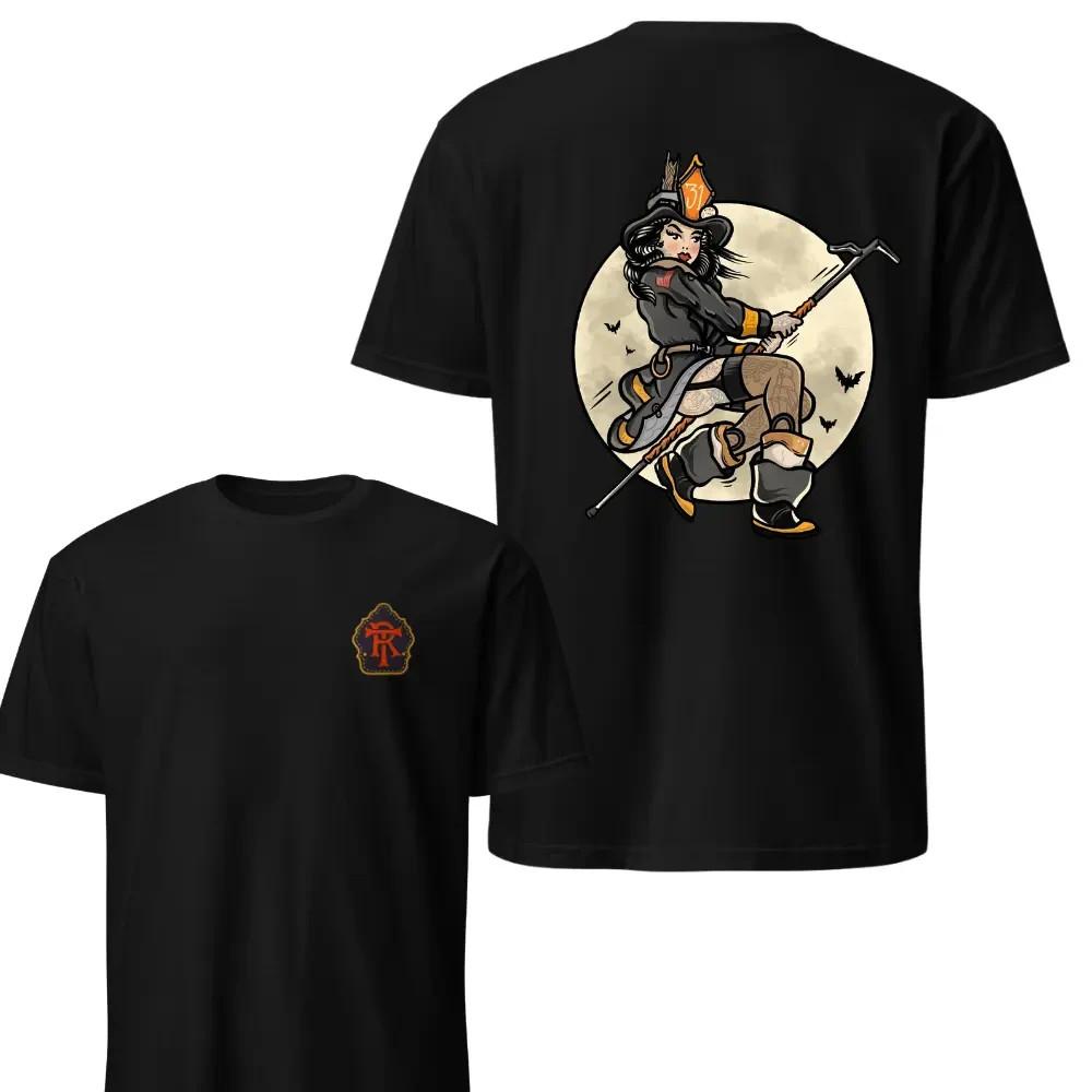 Firefighter Witch T-Shirt, Vintage Halloween Graphic Tee, Soft Cotton Blend