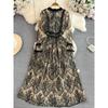 Long Sleeves Stand Collar A- line Dress Elegance Wide Hem Lace
