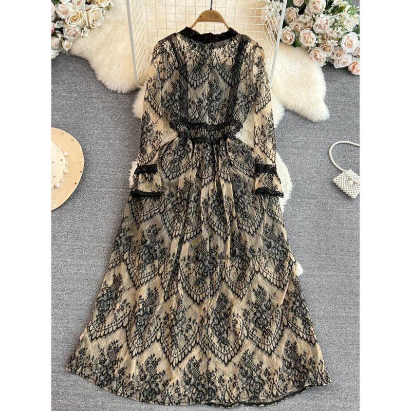 Long Sleeves Stand Collar A- line Dress Elegance Wide Hem Lace