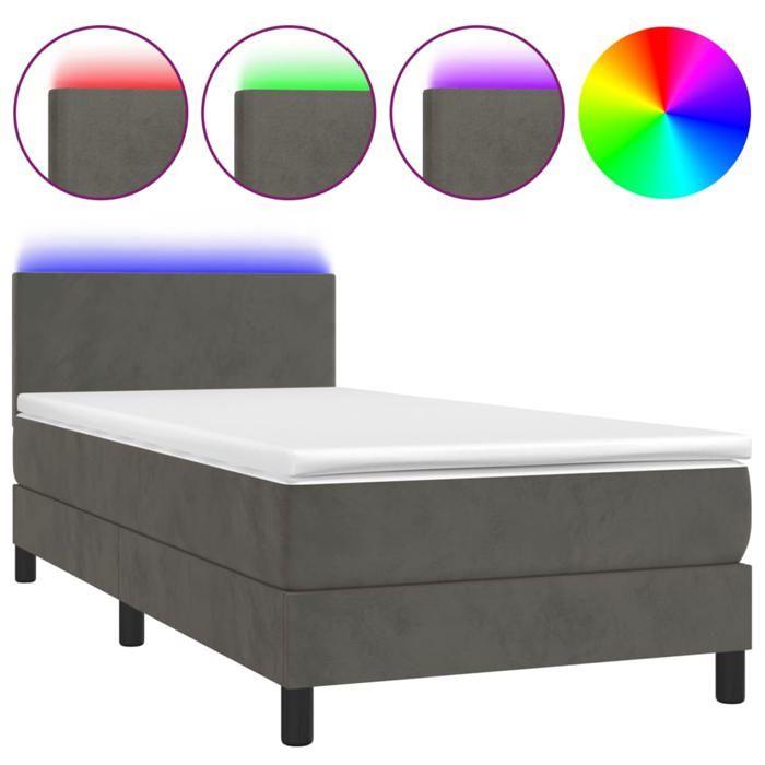 Sommier tapissier avec matelas - 90x190cm - Tête de lit réglable - Bande LED colorée - Velours gris foncé