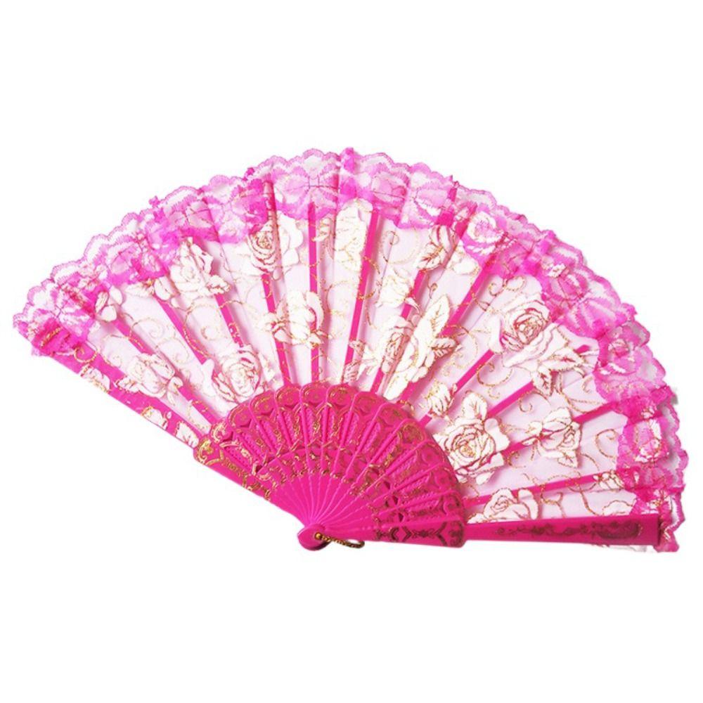 Home Decoration Handheld Ladies Lace Hand Fan Plastic Handle Rose Pattern Folding Fan Translucent Spanish Fan Dance Prop