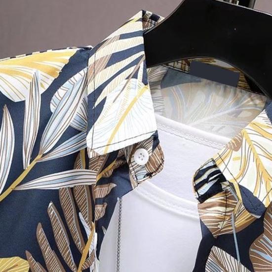 Летняя мужская рубашка с принтом листьев и короткими рукавами в тропическом стиле, Гавайи, свободный однобортный отложной воротник, быстросохнущий пляжный топ средней длины для отпуска