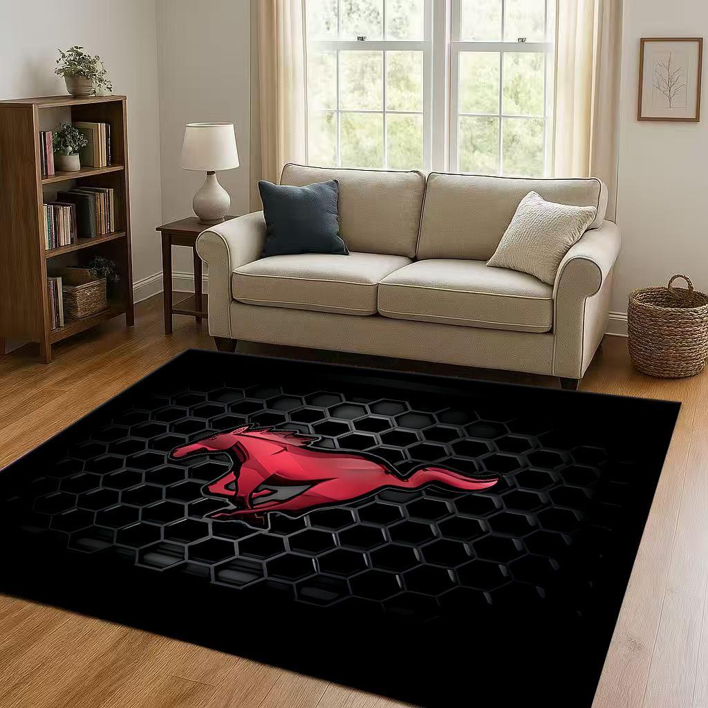 HD Mustang Racing Car Logo Moto Living Room Non-Slip Area Rug Carpet for Bedroom Playroom Sofa,Easy Clean Home Decor Doormat