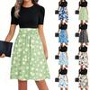 Women's Fashionable Casual Belt Short Sleeved Round Neck Printed Patchwork Dress
