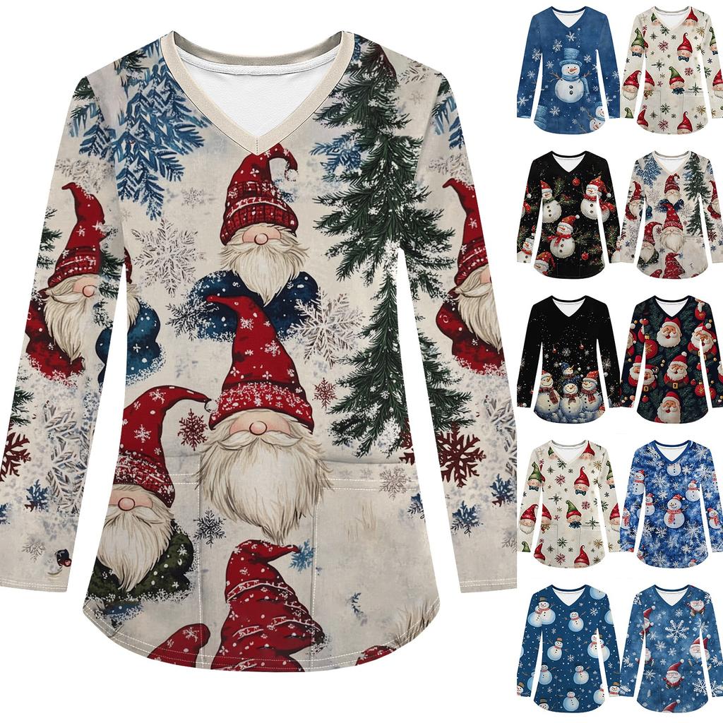 Женская модная рабочая одежда с V-образным вырезом, длинным рукавом и карманом, рождественский принт, футболка, топ