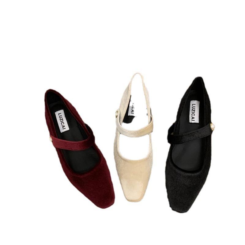 Ретро жемчужный нишевый золотой бархат пряжка на одну пуговицу туфли Мэри Джейн женские плоский толстый каблук средний каблук квадратный носок одинарные туфли бордовый