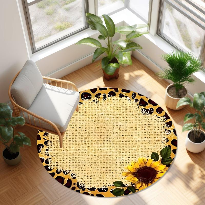 Cute Highland Cow Sunflower Round Carpet Farmhouse Living Room Bedroom Home Floor Decor Mat Soft Non-slip Circle Rug