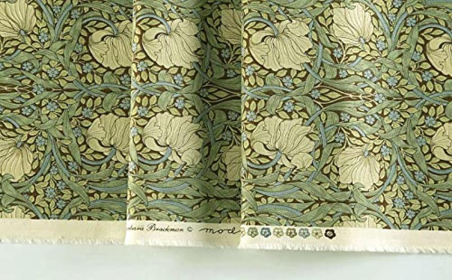 William Morris Pin 110cm wide x 1m Best of Morris Blue Cotton Print Fabric Panel, pre-cut, 4440M, Boxer, Sage/Brown