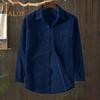 Men Corduroy Shirt Turn-down Collar Single-breasted Solid Color Loose Cardigan Retro Style Mid Length with Chest Pockets Top for Daily Wear Commuting
