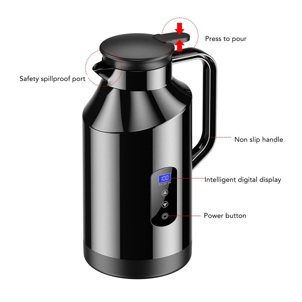 Электрический чайник 1,5 л с дисплеем, контролем температуры, термосом, автоматическим отключением, антиожоговым, 12/24 В, автокипятильник