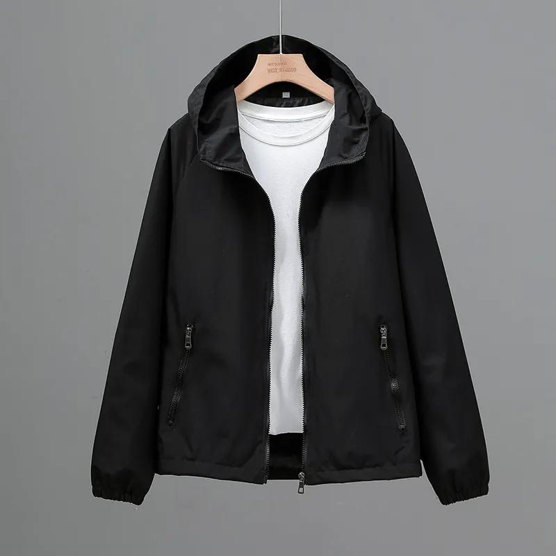 Женская весенне-осенняя однотонная куртка на молнии с капюшоном большого размера, свободная повседневная ветровка