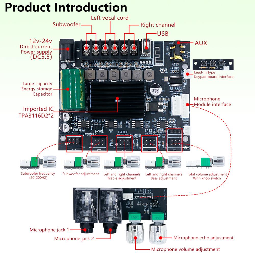 ZK-MT21S 2.1 Channel Bluetooth Amplifier Board 50W+50W+100W TPA3116D2 With Dual Mic Echo/Subwoofer Output