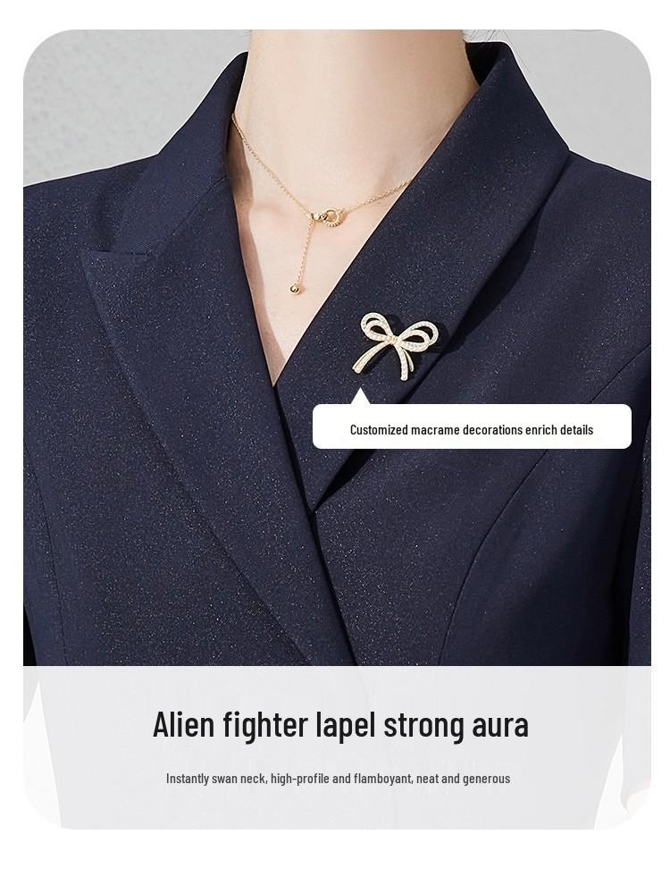 Темно-синее приталенное рабочее платье с коротким рукавом для женщин