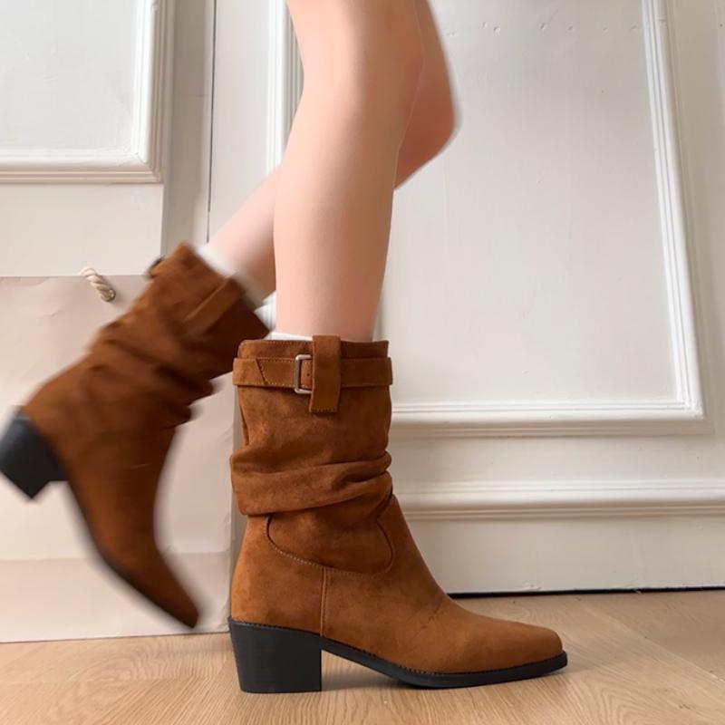 Осенне-зимние женские ботильоны из замши с острым носком, модные туфли на толстом каблуке, элегантные женские ботильоны