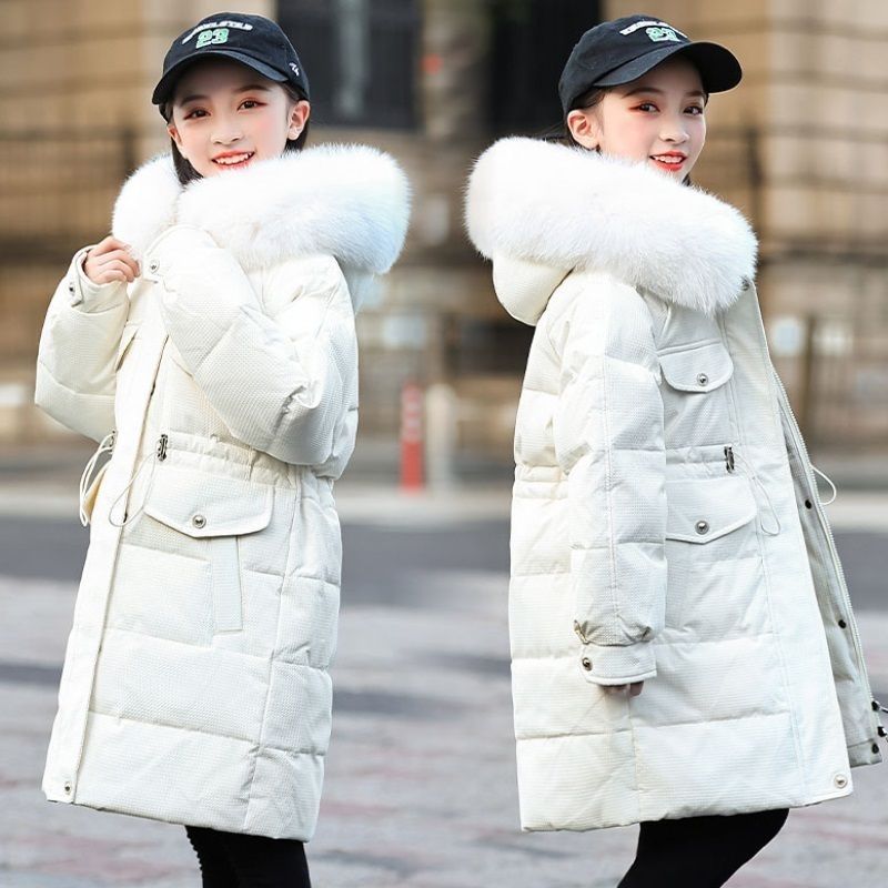 Толстая и теплая пуховая куртка для девочек, средней длины пальто для детей, зимнее пальто из пуха белой утки