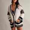 Women's Autumn and Winter Knitted Large Size Pocket Colour Block Cardigan Sweater