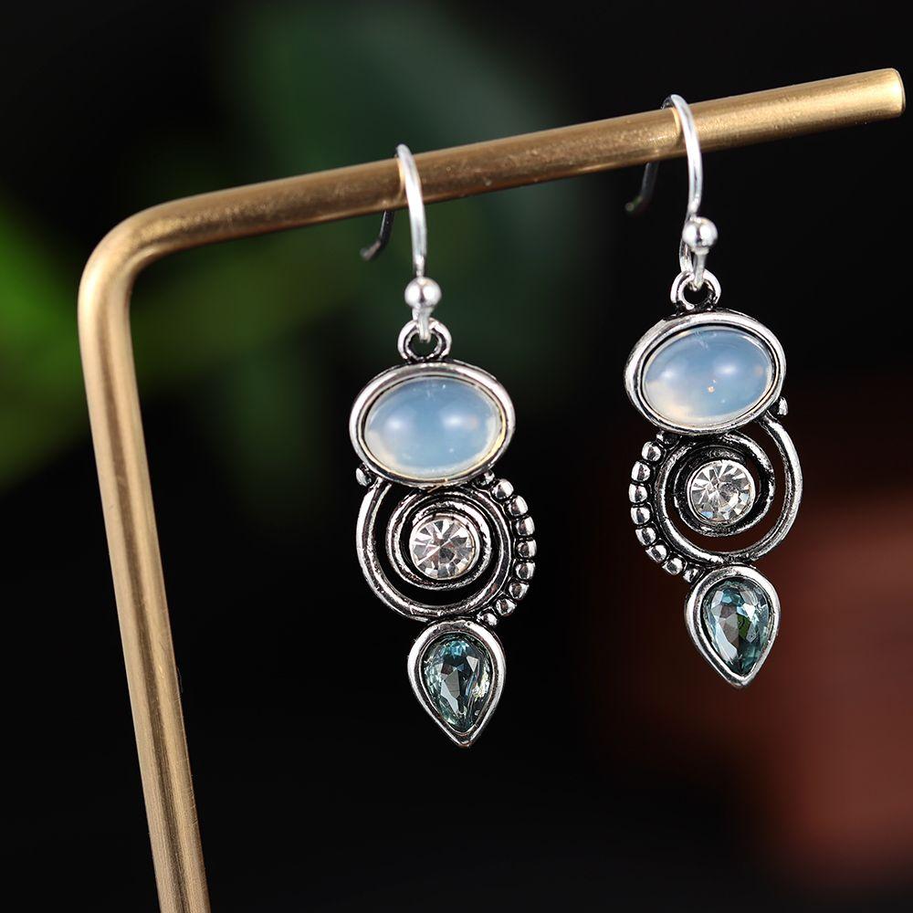 1Pair Chic Dangle Hook Vintage Jewelry Multi-Gemstone Ear Stud Moonstone Earrings Turquoise Amethyst