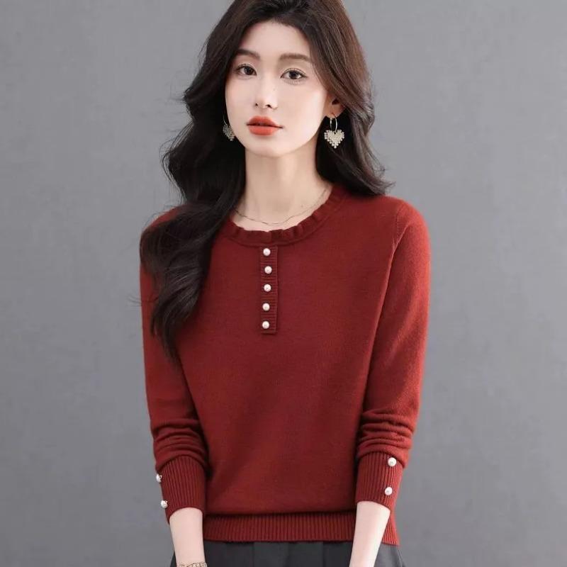 Women S Long Sleeve Thin Knit Top With Frill And Beads Casual Outerwear