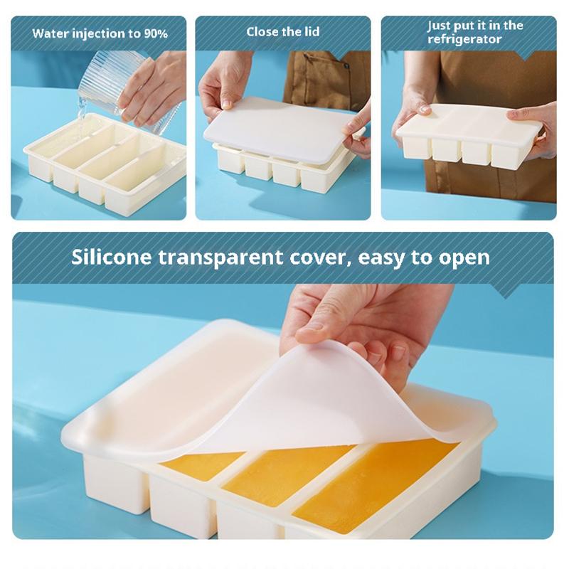 4 Grid Long Strip Ice-tray Ice Cube Tray Long Ice Stick Tray Silicone with Lid Rectangular Easy Release Ice Mold Bar Tools