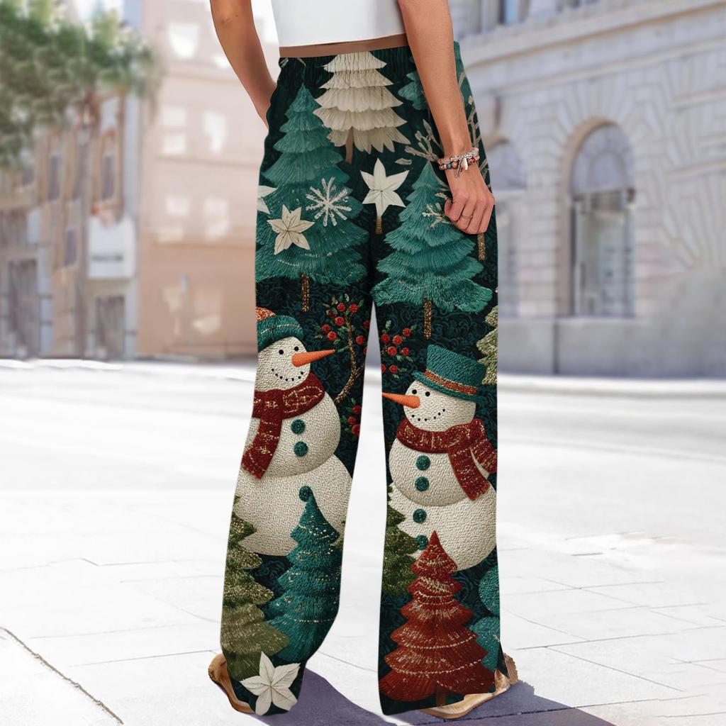 Ladies' Loose And Casual Christmas Printed Wide Leg Pants With Elastic Waistband Drawstring And Pocket Pants