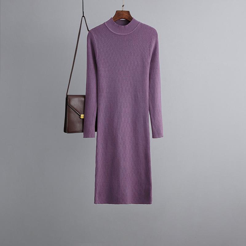 Women New Autumn Winter O Neck Slim Causal Long Sleeve Knit Solid Color All Match Sweater Dress