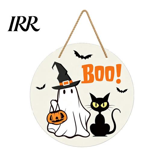 Haunted House Door Sign Halloween Hanging Sign, Wooden Front Hanger Wreath, Cute Eye-catching Ghost Welcome for Porch Wall Indoor Home Decoration