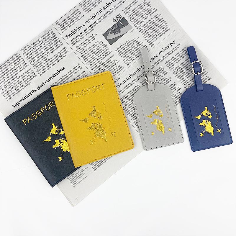 Customizable PU Leather Passport Cover with Hot Stamped Logo, Map, Luggage Tag, & Passport Holder Set