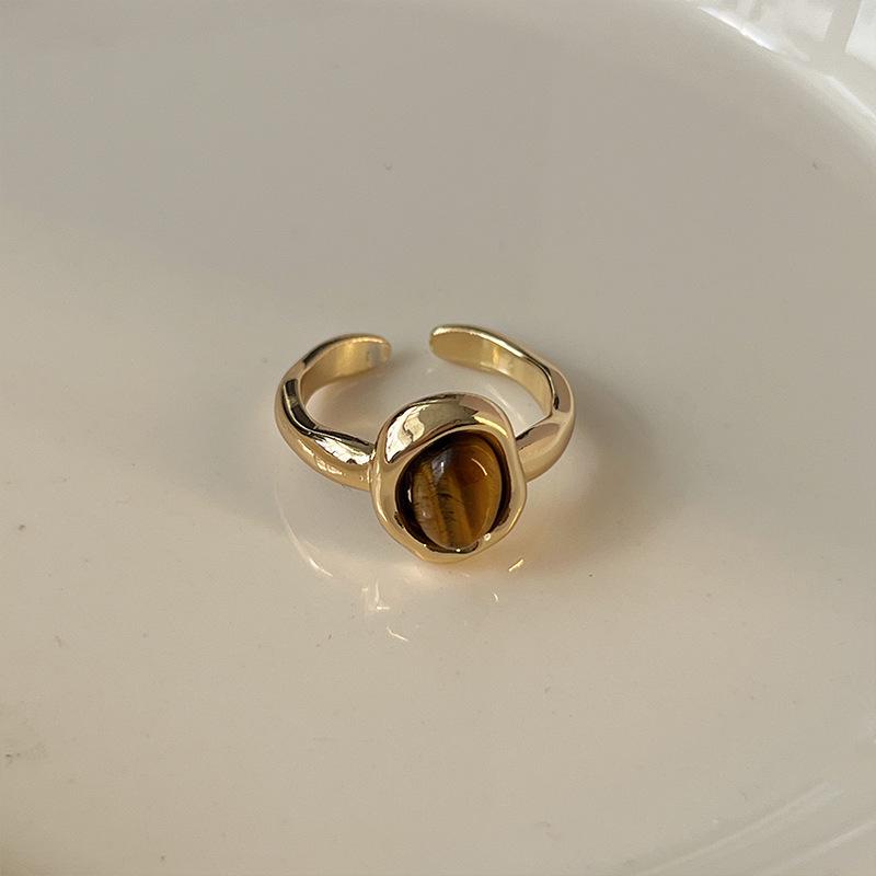 Retro Tiger's Eye Stone Finger Ring Brown Stone Rings for Women Opening Adjustable Gold Rings Jewelry Gifts