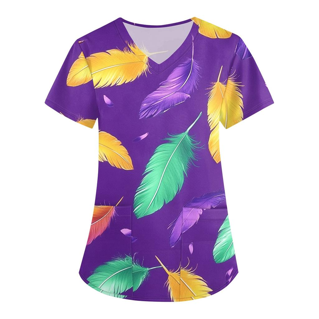 Женская карнавальная принтовая свободная униформа с V-образным вырезом и карманом с коротким рукавом