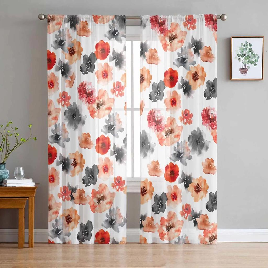 Flowers Retro Plants White Flowers Bedroom Transparent Sheer Curtains Holiday Decoration Window Voile Tulle Curtain
