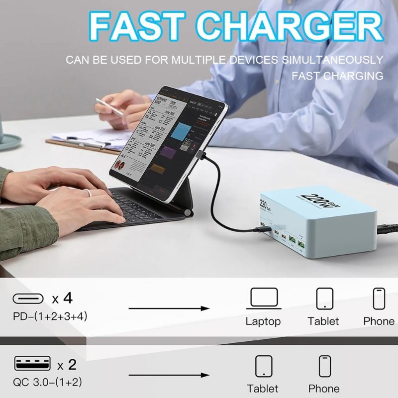Multi Port Fast Charging Station 220W Power Adapter with Type C & USB Port Allows 6 Devices Simultaneously Charging