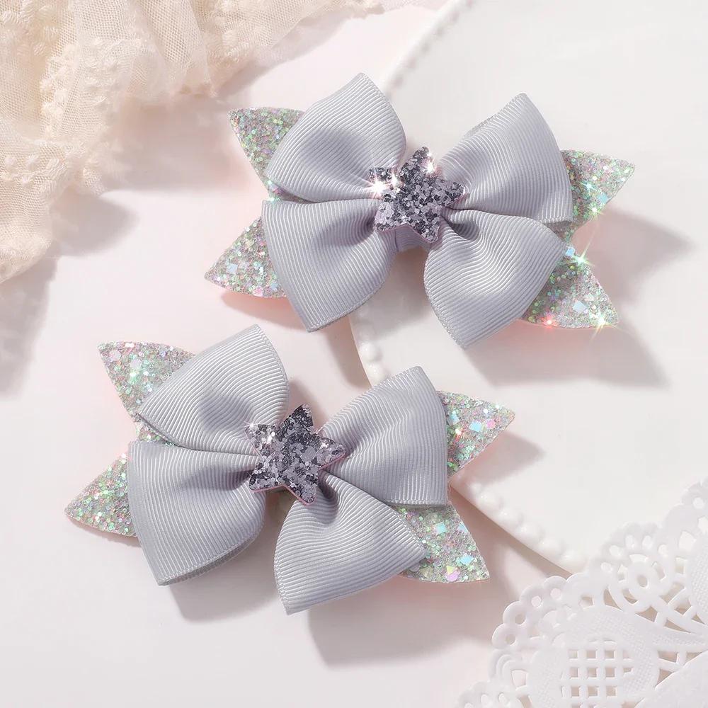 LOVEKIKI 2Pcs 4.33inch Star Glitter Bow Hair Clips for Girls Boutique Ribbon Dovetail Barrette Headwear Child Hair Accessories