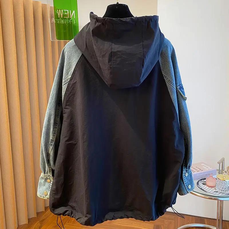 Толстовки больших размеров для женщин, лоскутное деним, уличная одежда, топы Y2k, Ropa Mujer, с капюшоном, контрастные цвета, винтажные толстовки