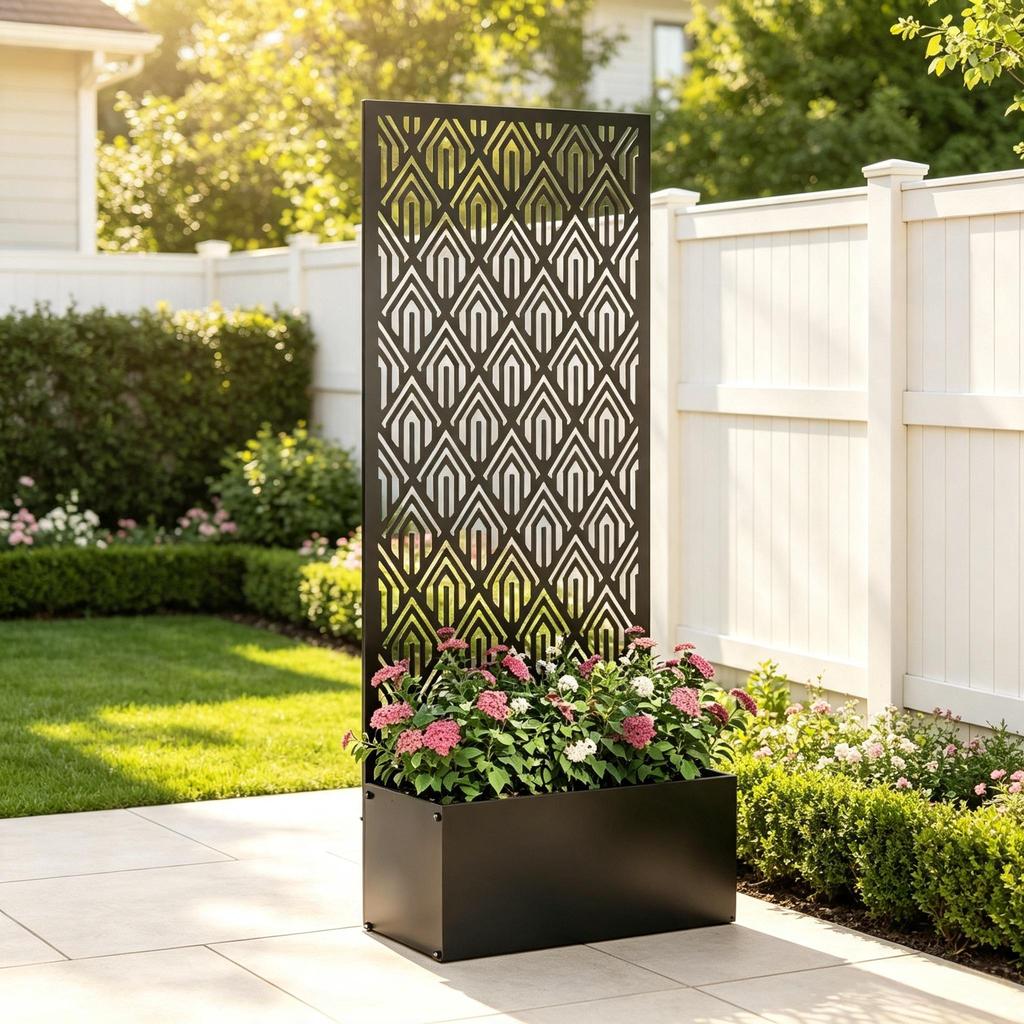 Weatherproof garden frame made of metal with trellis and flower basin, ventilated construction for garden plants